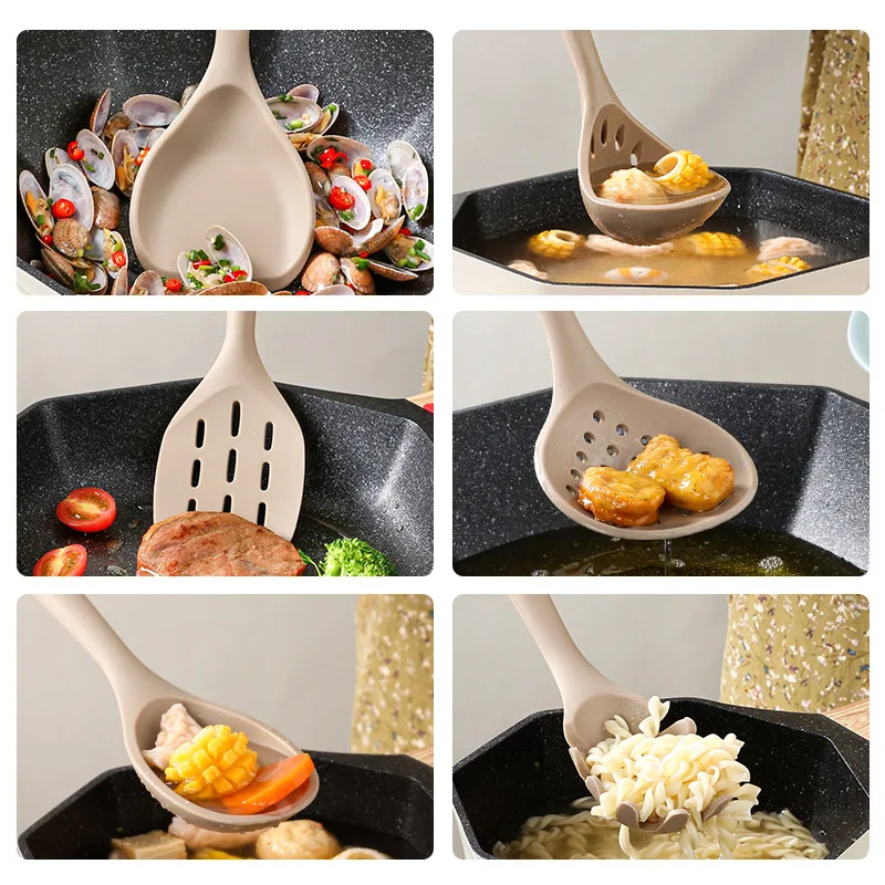 Silicone Kitchenware Cooking Utensils Non-stick Cookware Turner Spatula Spoon Slotted  with Wooden Handle Kitchen Cooking Tools