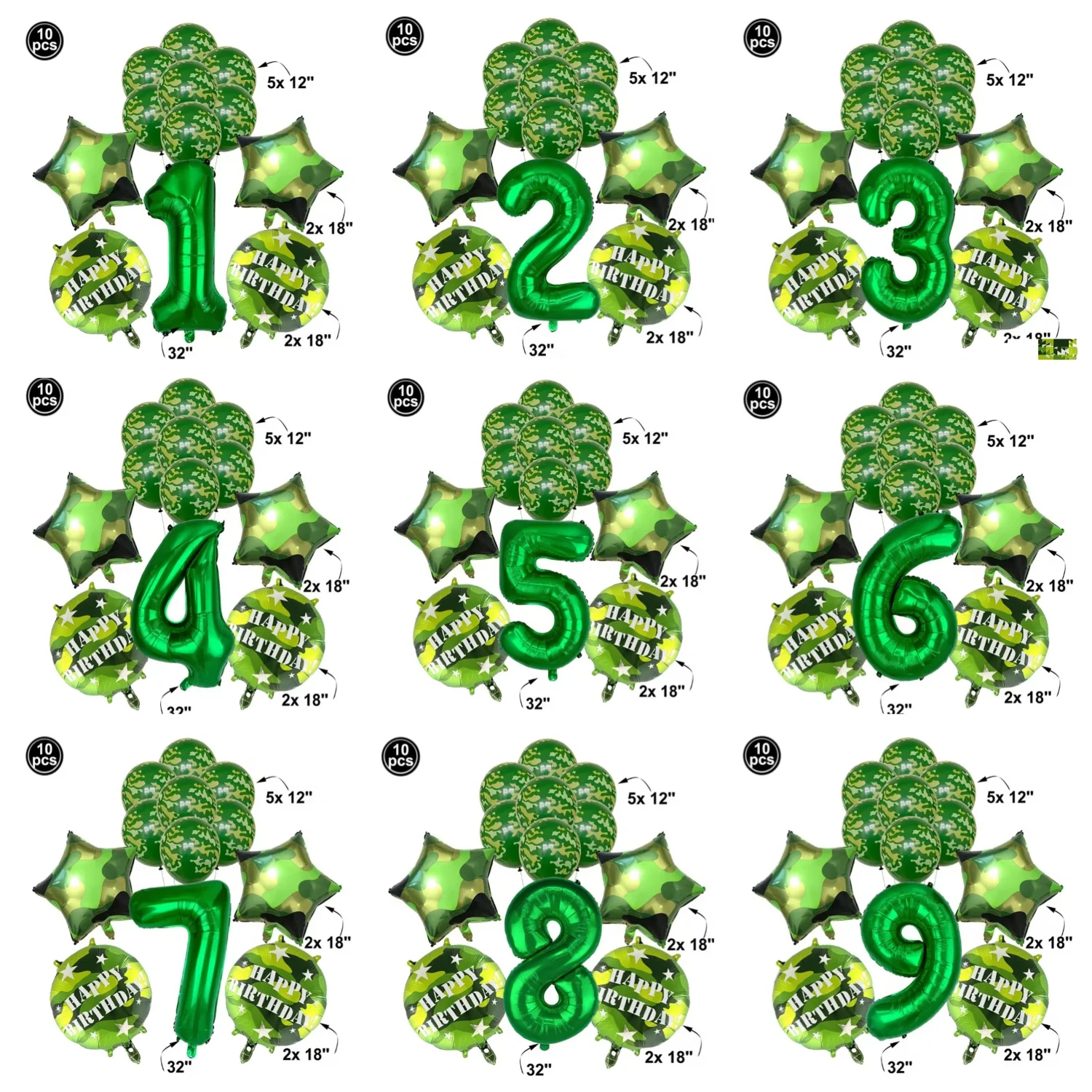 Tank Green Number Balloon Set, Camouflage Theme Aluminium Film Ballon, Geburtstag Party Dekoration Ballon