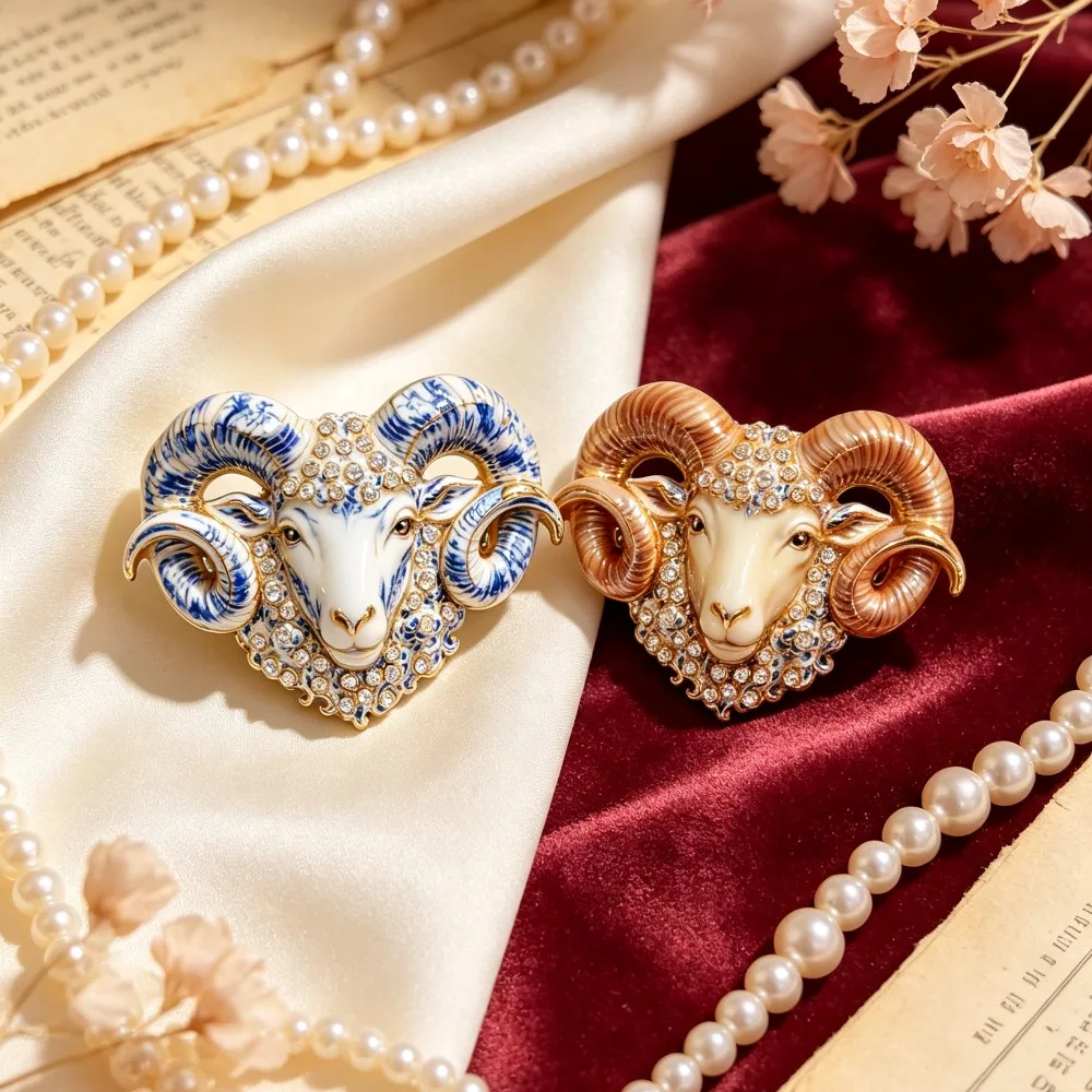 Golden Ram Head Badge Enamel Rhinestone Vintage Aries Animal Clothing Decor Universal Jewelry Gift