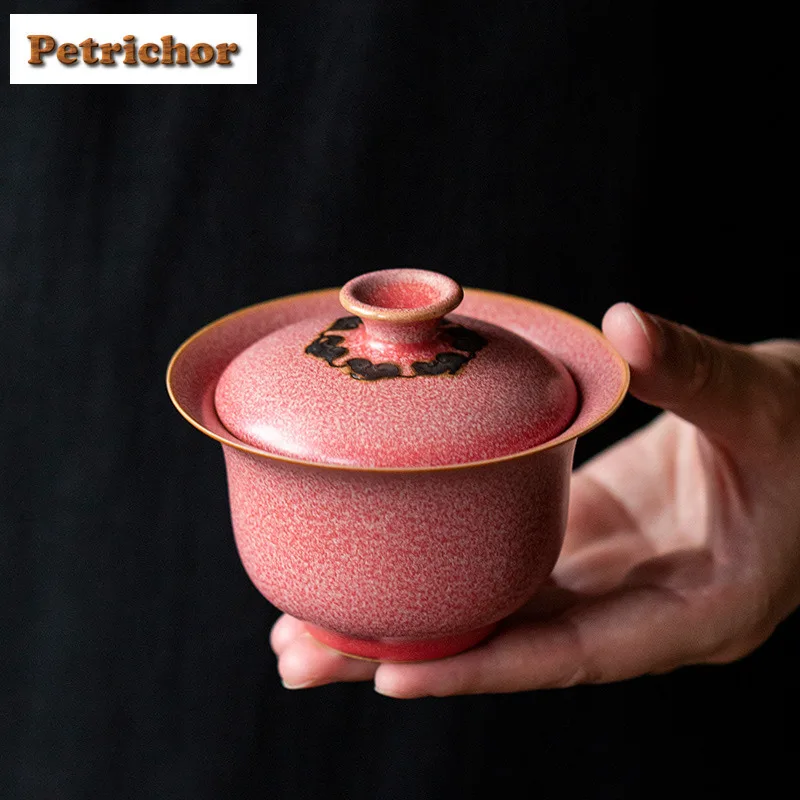 

150ml Gold Stamp Pink Muhly Red Ruyi Gaiwan Vintage Tea Tureen Household Tea Bowl With Lid Kit Tea Brewing Cover Bowl Cafes Gift