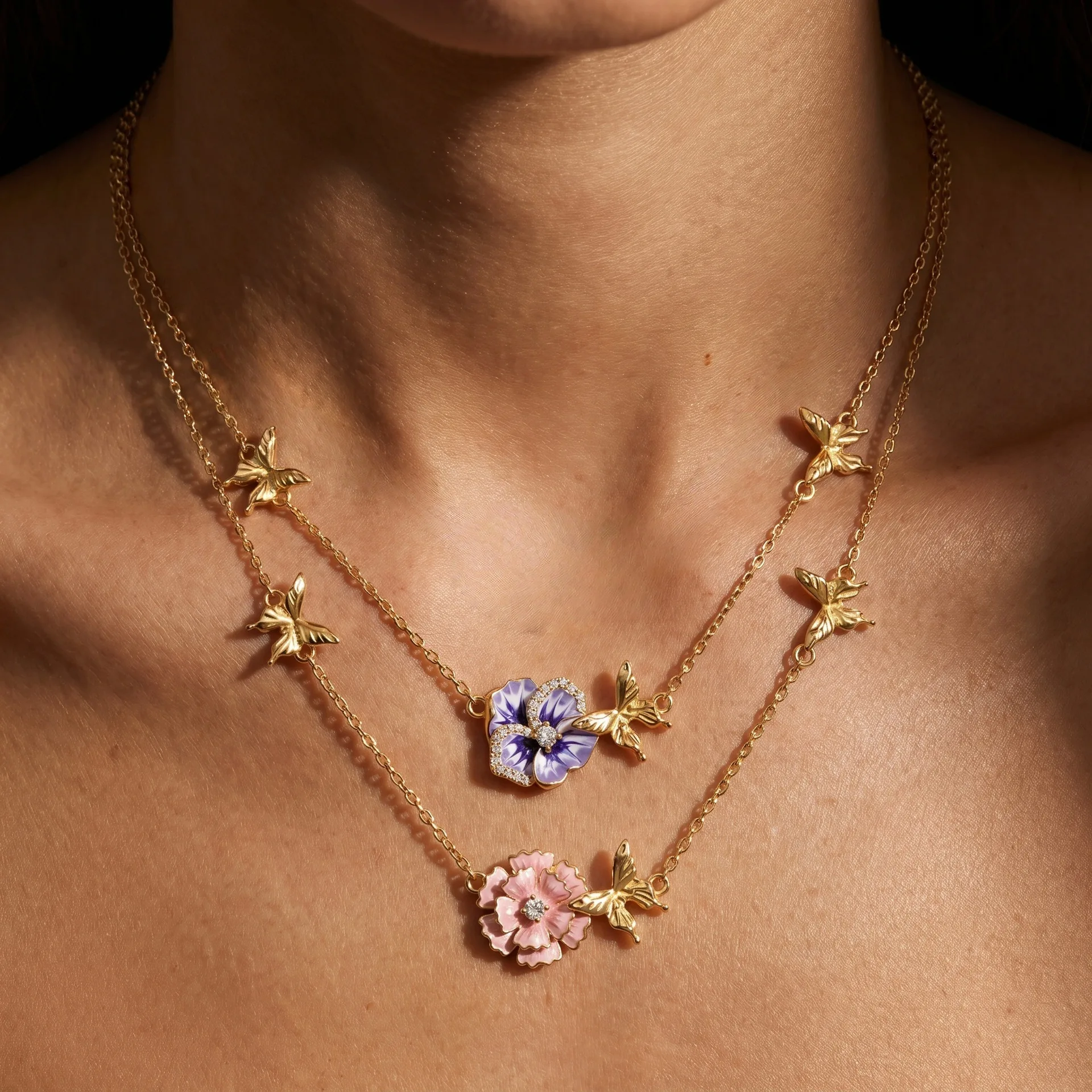 Copper Month Birthday Flower Necklace New Fashion Flowers Pendant Necklace Butterfly Chain Necklace Jewelry  Accessory Gift