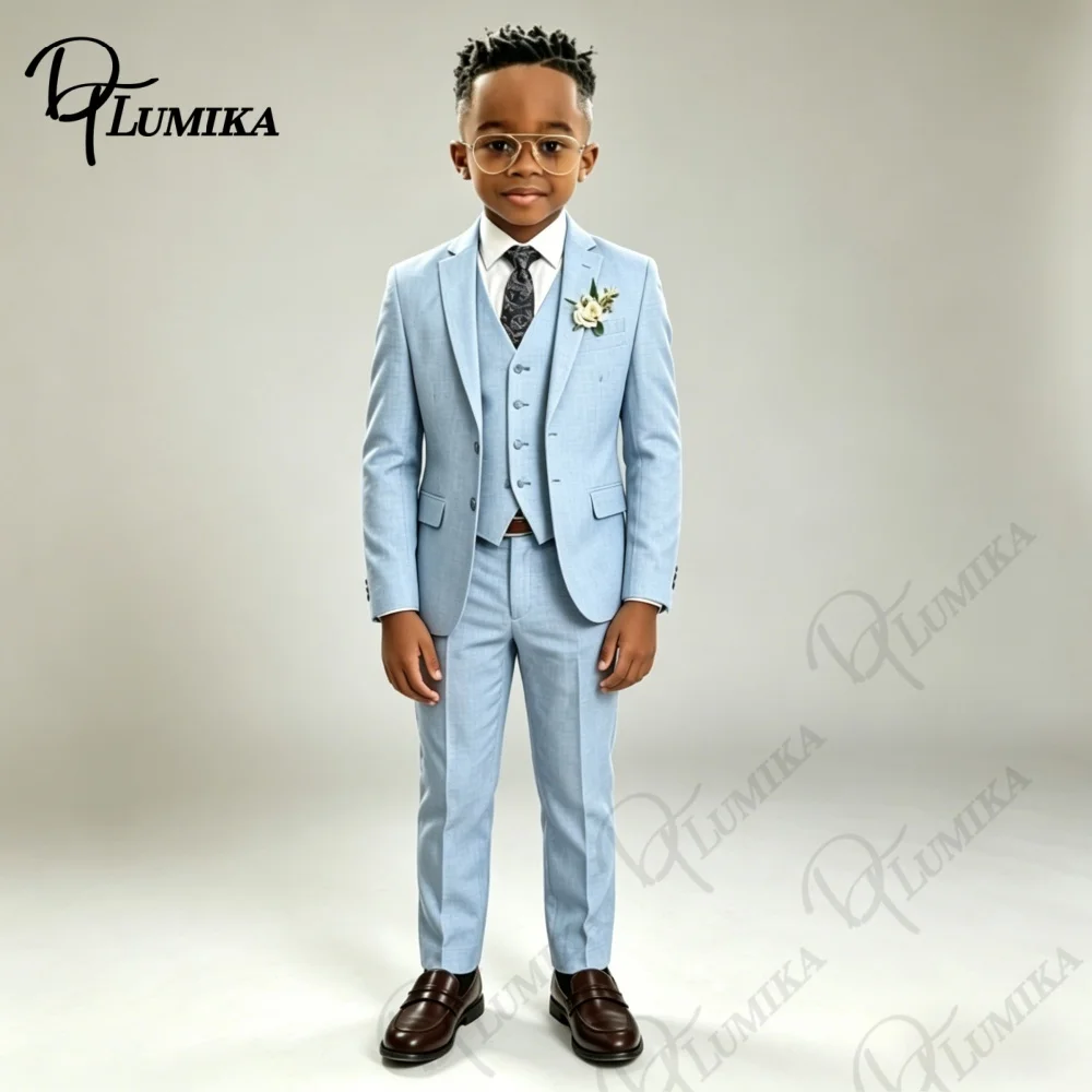 Stylish Blue Linen Kids Wedding Suit Set Blue Floral Tie Comfortable 3 Piece Formal Outfit for Ring Bearer Pageant and Events