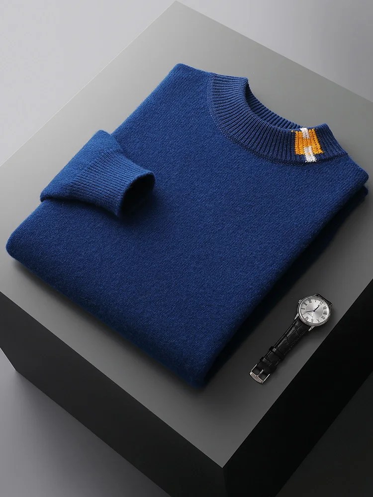 Autumn Winter Men Cashmere Sweater Mock Neck Long Sleeve Pullover Thick Basic Soft Warm Clothing 100% Merino Wool Knitwear Tops