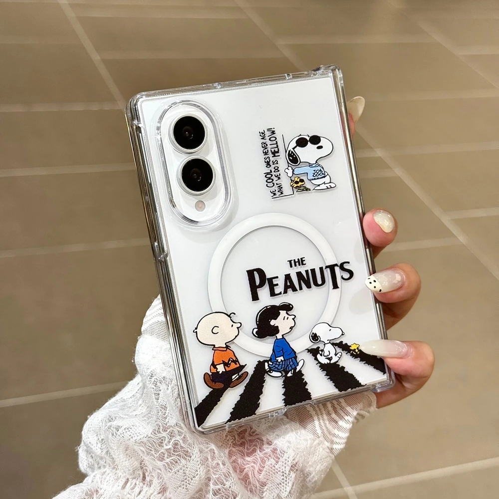 Cute Cartoon Snoopy Charlie Brown Magnetic Holder Magsafe Wireless Charge Phone Case For Samsung Galaxy Z Fold 8 7 6 5 Cover