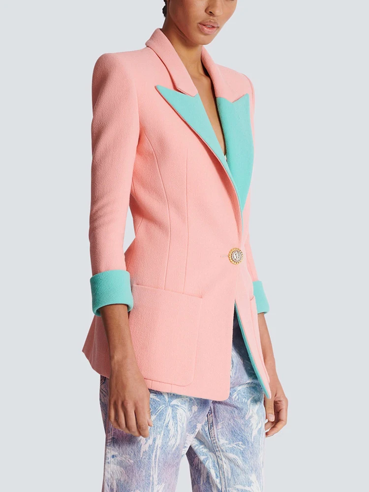 TWOTWINSTYLE Hit Color Blazer Casual per donna colletto dentellato tunica a tre quarti Patchwork Pocket Chic Blazer moda femminile