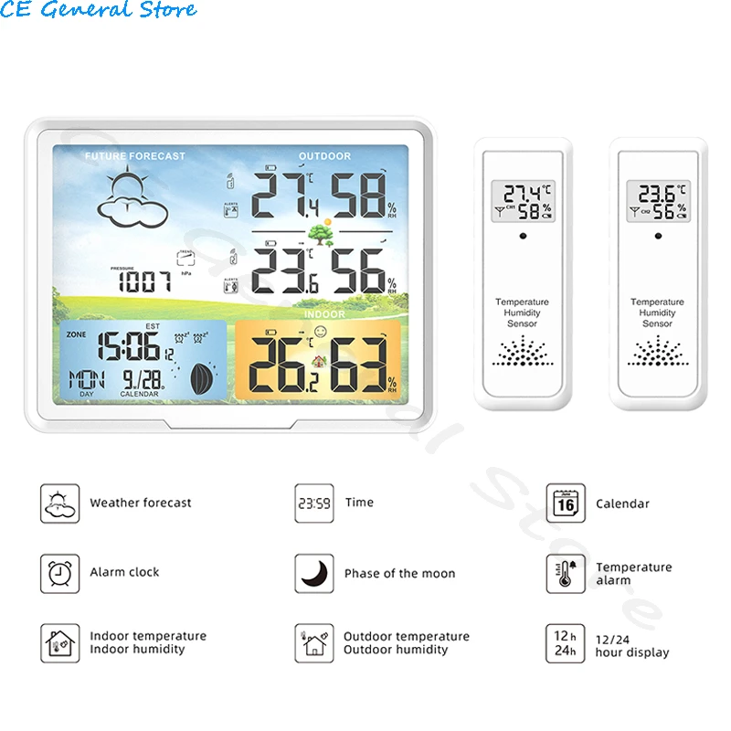 Multifunction Weather Station 2 Sensor Wireless Digital Thermometer Hygrometer Forecast Calendars Moon Phase Snooze Alarm Clock