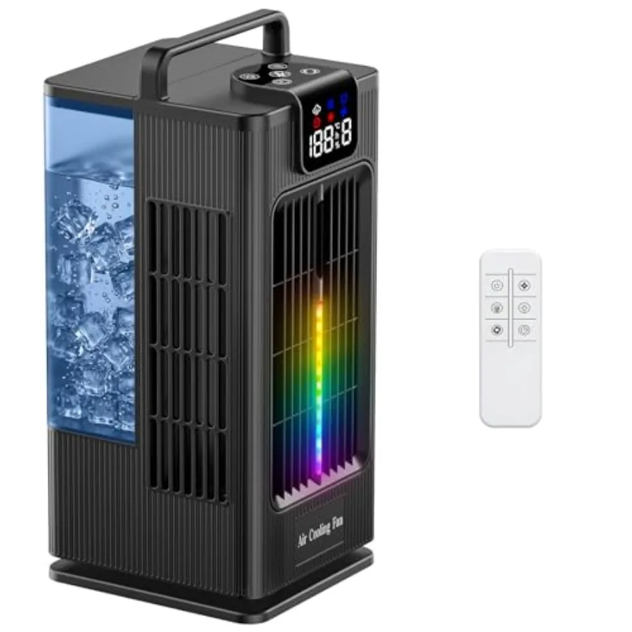 

Portable air cooler for bedroom and desk use: 2000ml capacity, white plastic unit with RGB night light, 120 oscillation, 3 mist