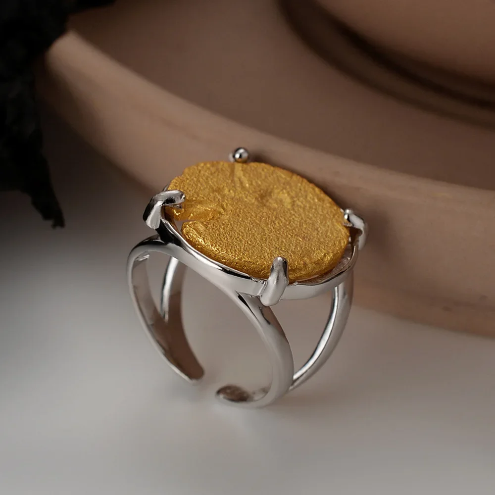 Ables Chic Matte Coin Thick Golden Disc Solid 925 Silver Ring Irregular Signet Pattern Party Open Rings R1208