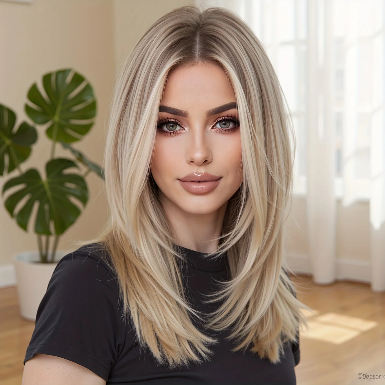 16-inch wig, eight-character bangs, layered straight hair, blond wig, comfortable to wear, matte high-temperature silk material