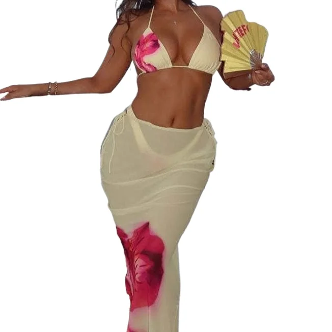 

Новая европейская и американская популярная сексуальная юбка на бретелях с принтом, комплект бикини с запахом на бедрах