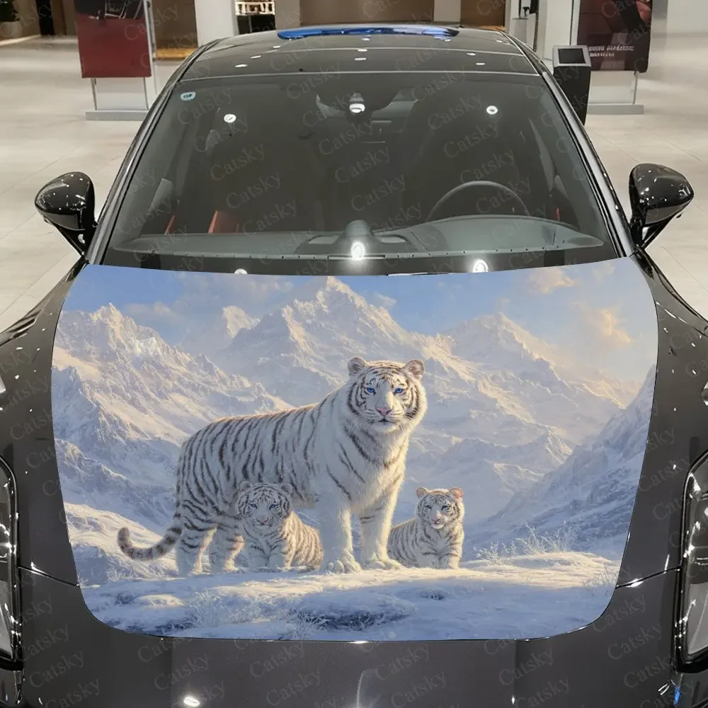 White Tiger Family Car Hood Decoration Sticker, PVC Waterproof Hood Sticker, Self-adhesive Scratch Resistant Film, Suitable For
