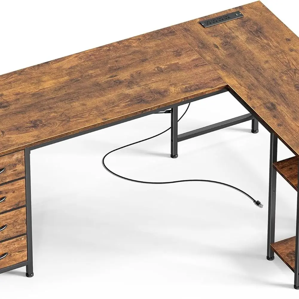 63 L-Shaped Fabric Drawer Computer Desk with Power Outlets, USB-C Port, Storage Shelves for Gaming, Study, and Home Office in Ru