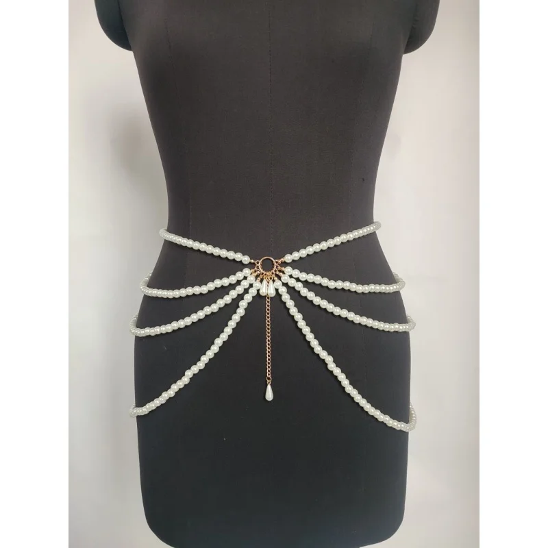 Mehrschichtige Kunstperlen-Taillenkette für Damen, verstellbarer Quasten-Perlen-Körpergürtel, Braut-Hochzeitskleid-Taillengurt, Party-Körperkette – Detail 2