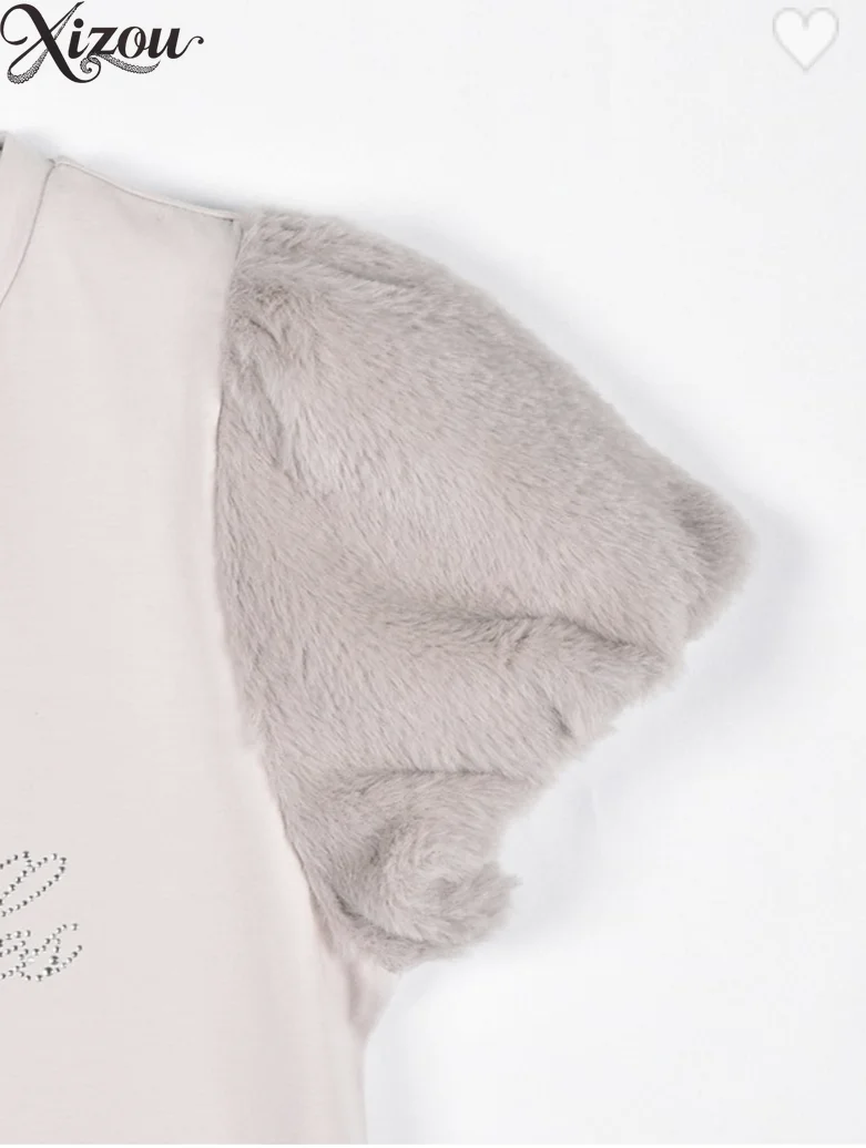 Y2K 여성용 비즈 장식 라운드 넥 짧은 퍼프 플러피 버블 슬리브 티셔츠 레터 탑 하이 웨이스트 A라인 봄 가을