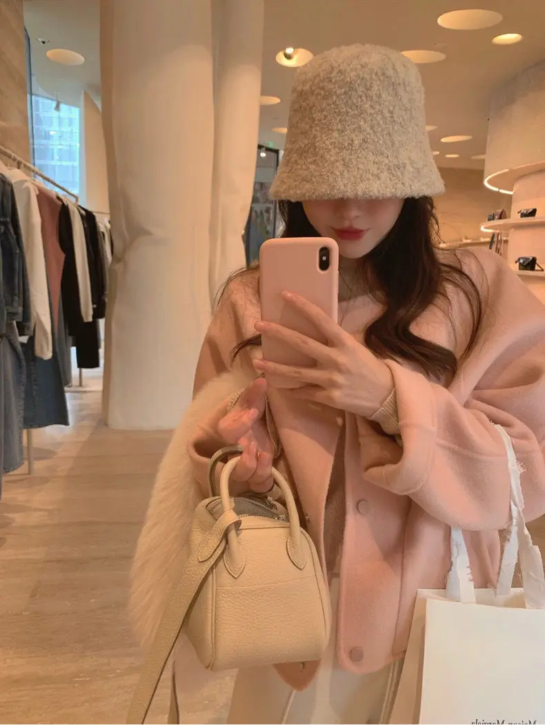 Korea Woolen Small Fragrance Pink Coat Women Solid Color Single Breasted Sweet Coats Korean Fashion Loose Cropped Jackets