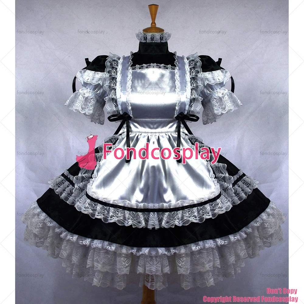 

fondcosplay adult sexy cross dressing sissy maid short black Satin Dress silver apron Lockable Uniform Costume Custom-made[G664]