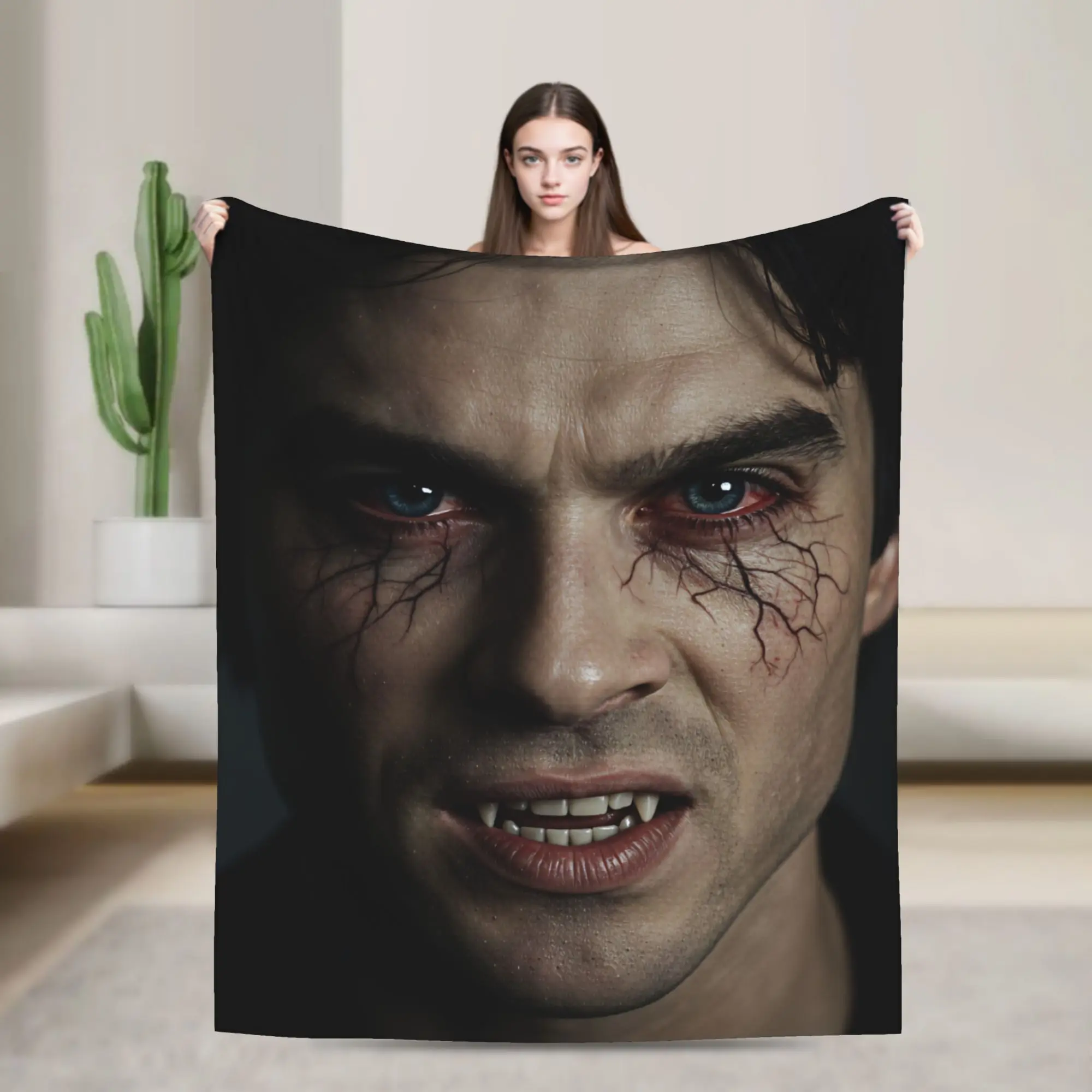 Damon Salvatore Vampire Rage Face Soft Blanket  Funny Travel Car Throw Blanket Outdoor Flannel Bedspread Sofa Bed Cover