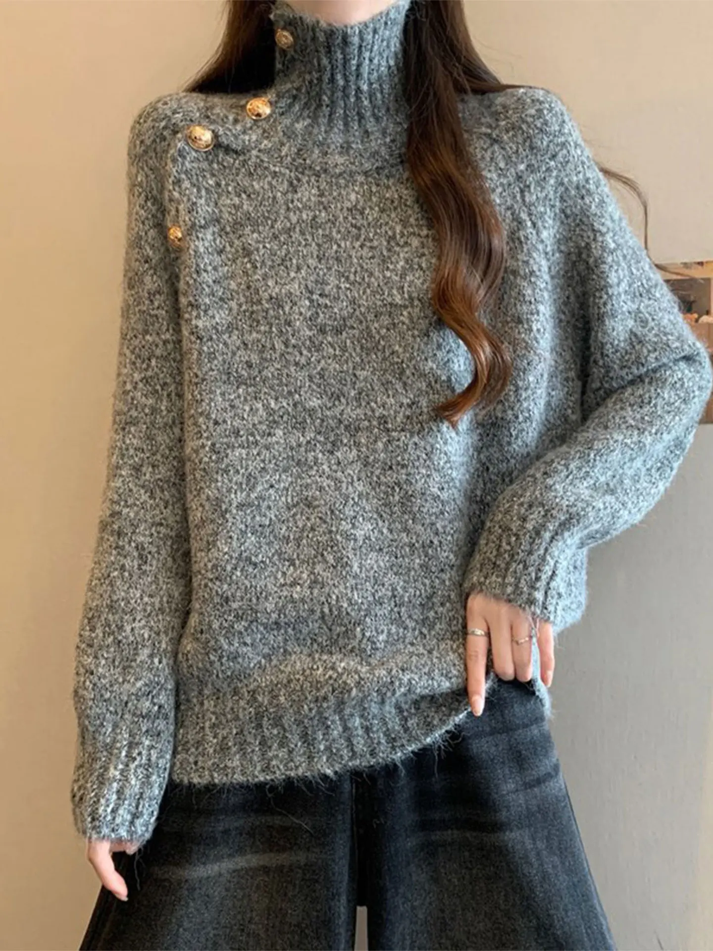 

Корейский вязаный свитер с высоким воротником, удлиненный рукав, свободный крой, большие размеры, для беременных, повседневный, весенний, женский, модный