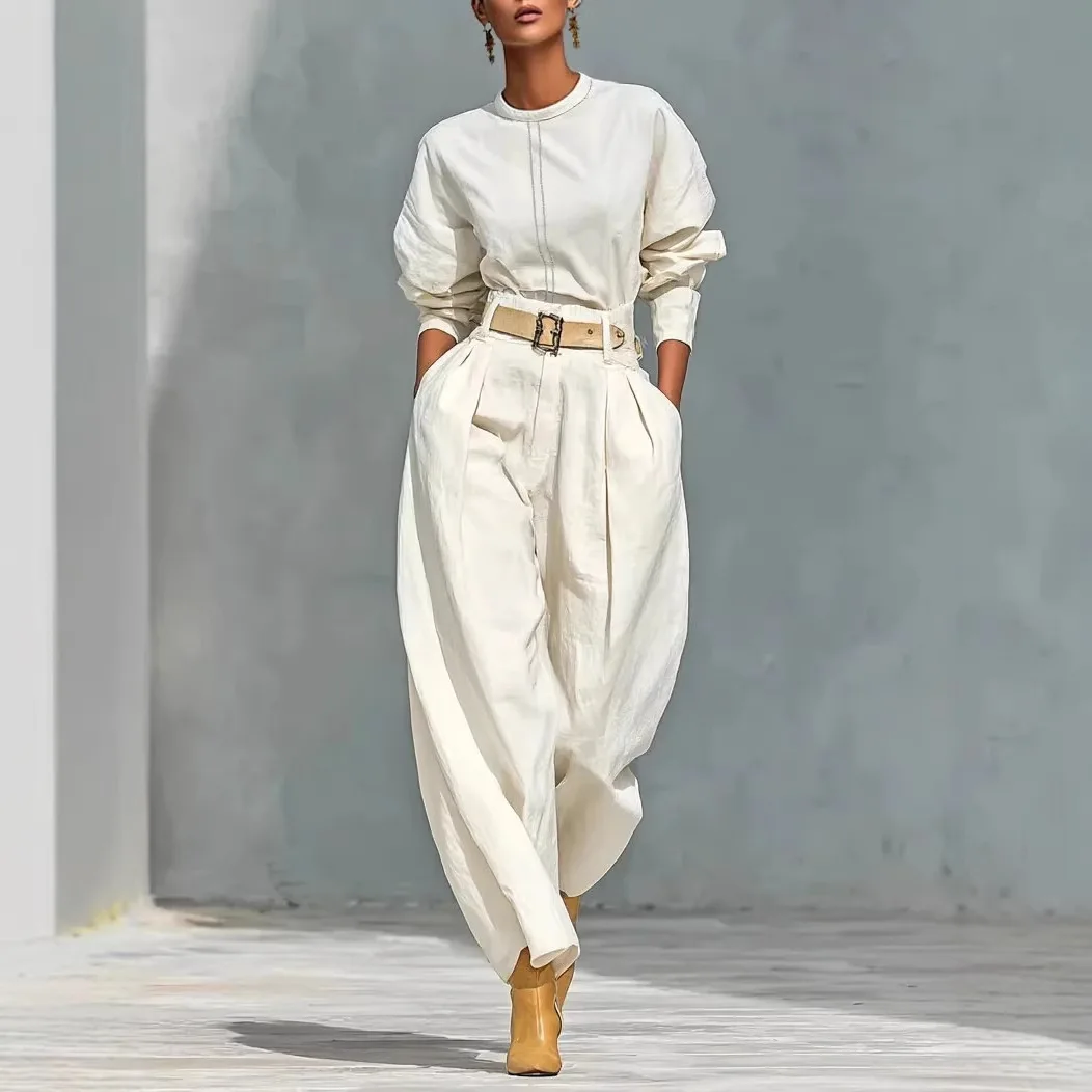 

Spring Casual Two Piece Set Woman Elegant O-Neck Top & Harem Pants Suit Autumn Solid Loose Vacation Outfit Harajuku with Belt
