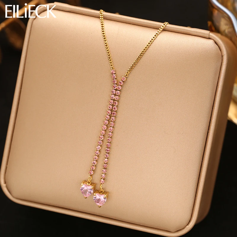 EILIECK Luxus-Halskette mit Herz-Anhänger aus rosafarbenem Zirkon, für Damen, 18 Karat Gold, PVD-Edelstahl, wasserdicht, einfacher Schmuck, Geschenk