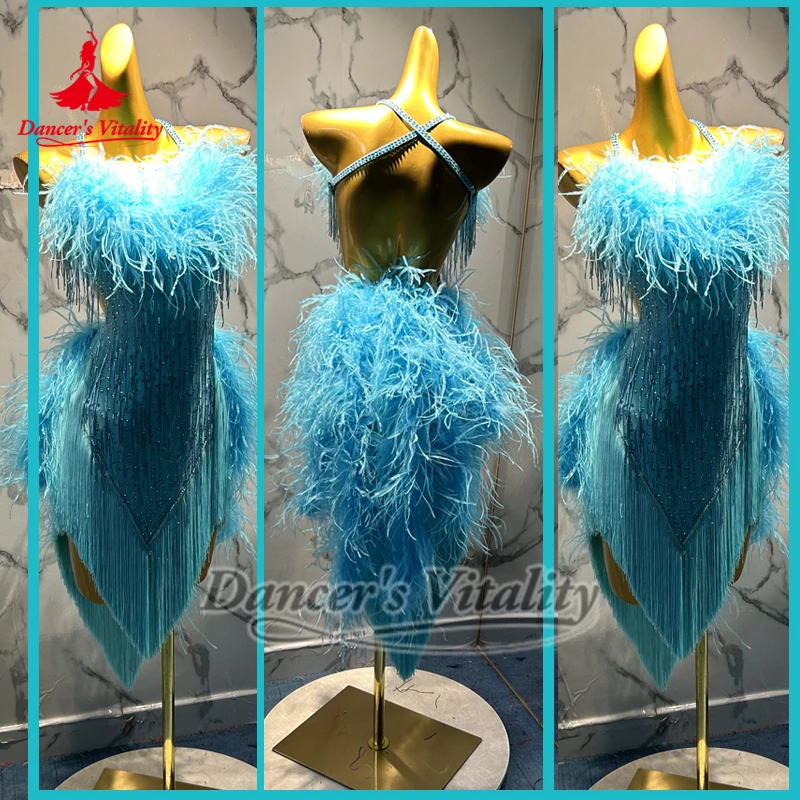 International Championship Latin Professional Dancing Feather Fringed Dresses Dancer's Vitality Adult Sexy Chacha Clothes Custom
