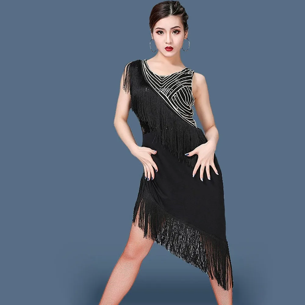 

Latin Dance Skirt Adult New Latin Dance Skirt Tassel Competition Dress Practice Dress Sleeveless Glitter Stage Performance Dress