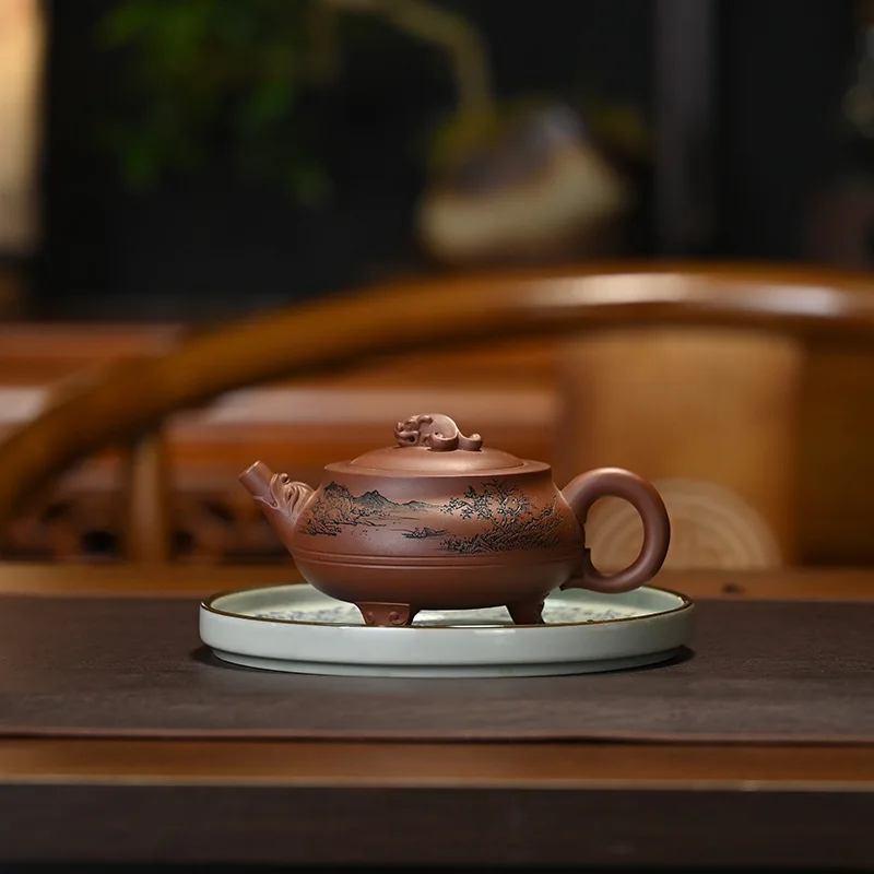 High-End Handmade Pot Original Ore Yixing Purple Clay Three-Legged Chilong 250ML Kung Fu Pot Tea Set