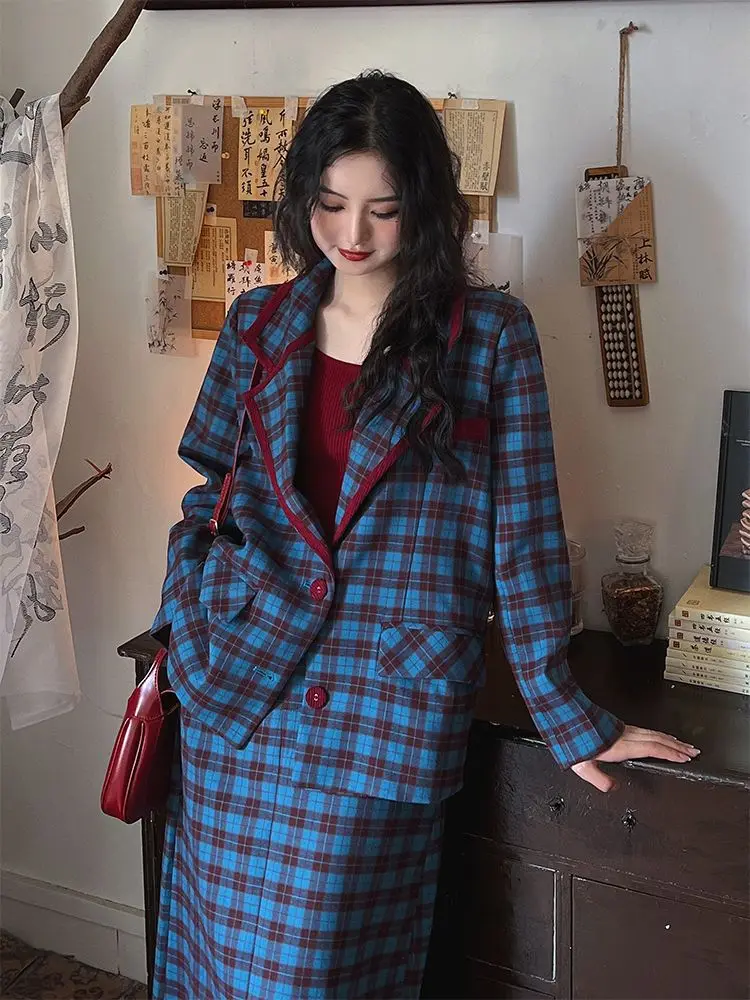 Korean Two Piece Set Skirt  Retro Windbreaker Female Design Stitching Color Contrast Plaid Spring Autumn Casual Women
