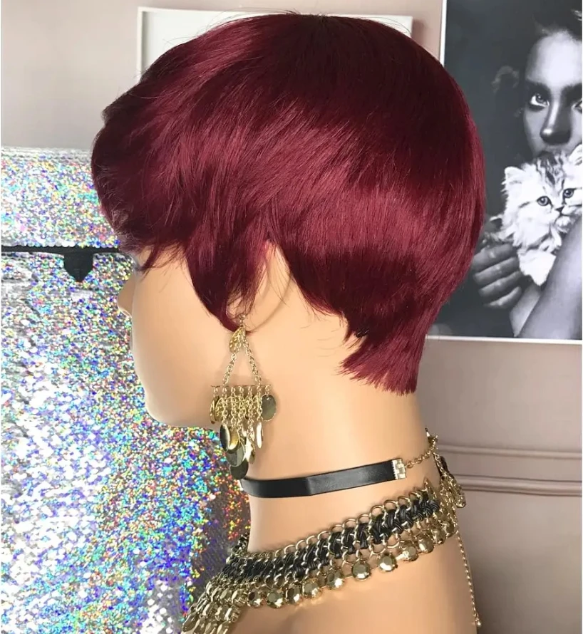 Red Burgundy 99J Color Short Bob Pixie Cut Wig With Bangs Straight 100% Remy Human Hair Wigs For Women Full Machine Made Wig