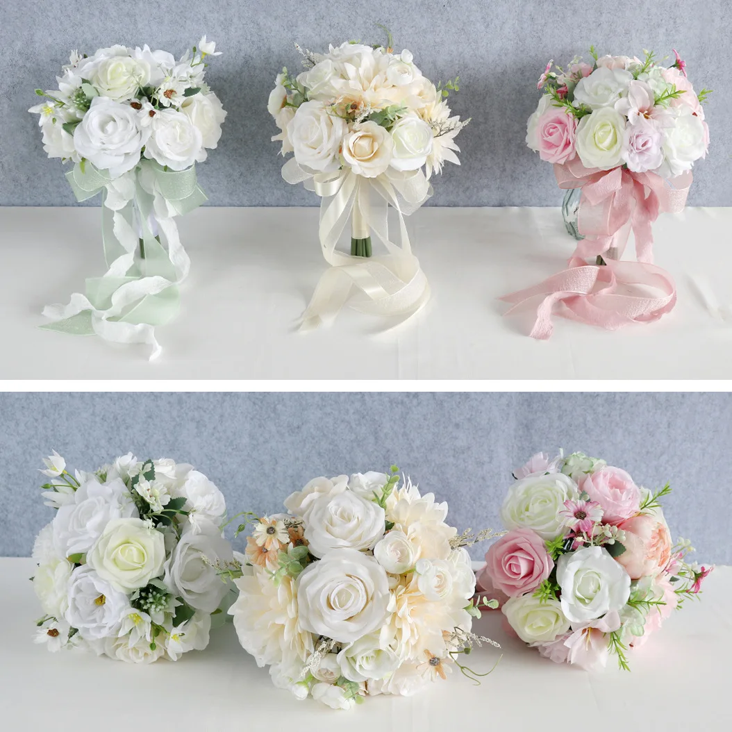 

2025 Bridal Bouquets Wedding Flowers White with Green, Champagne, Pink Bouquets Wedding Accessories 23*30cm