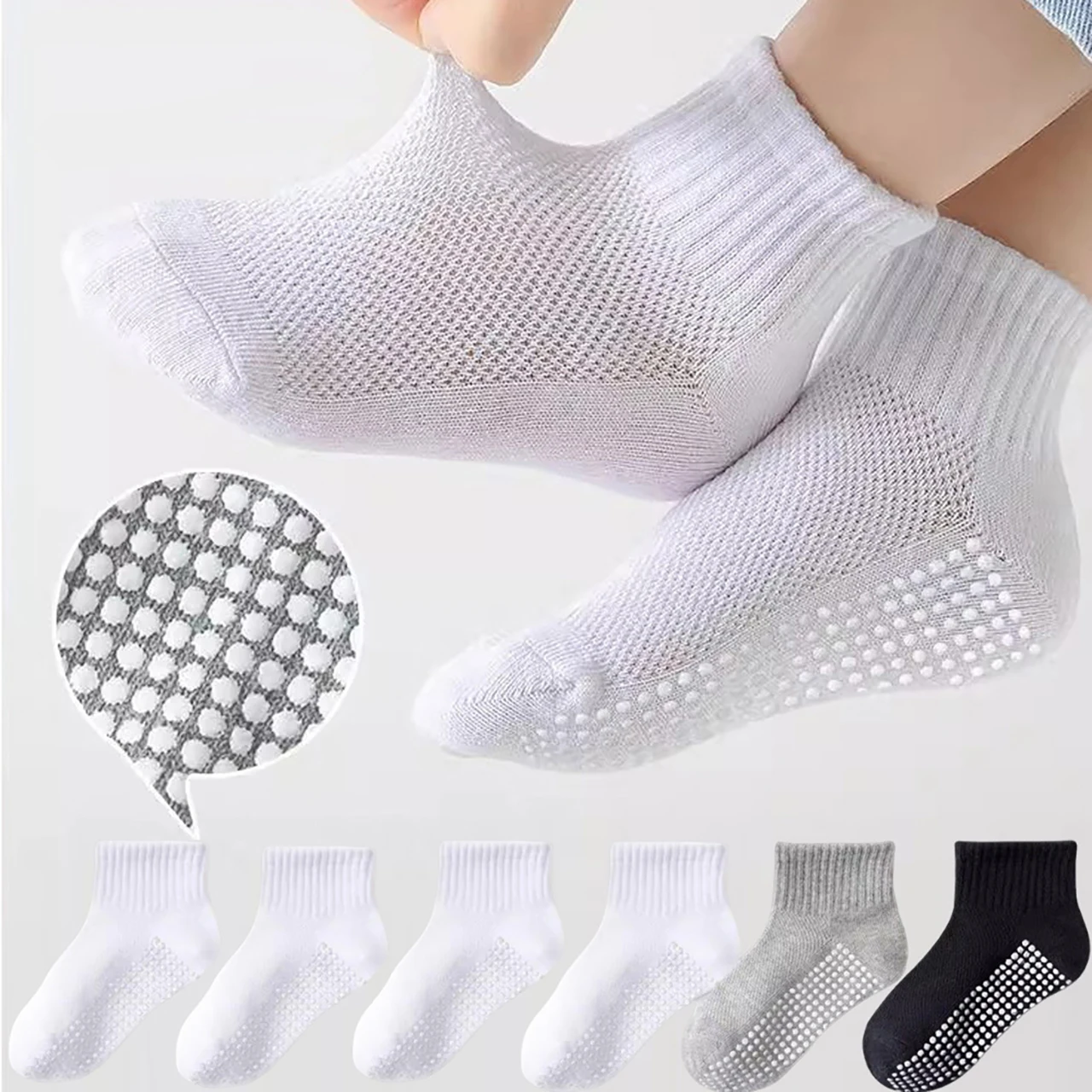 

5 Pairs Spring Summer Baby Cotton Sports Socks Solid Color Mesh Breathable Boy Girl Short Socks Toddler Anti-Slip Floor Socks