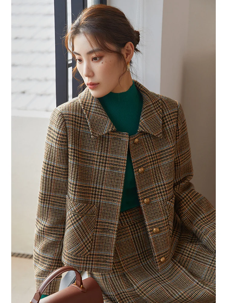 DUSHU Franse Retro Plaid Mode Pak Winter Niche Design Vintage Elegantie Temperament Korte Jas Hoge Taille A-lijn Rok Vrouwelijke