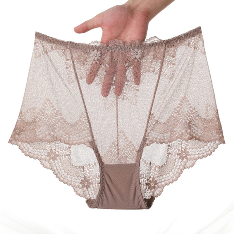 Sexy Lace Women\'s Panties High Waist Elastic Soft Breathable Seamless Underwear Large Size Hollow Transparent Flowers Breifs A26