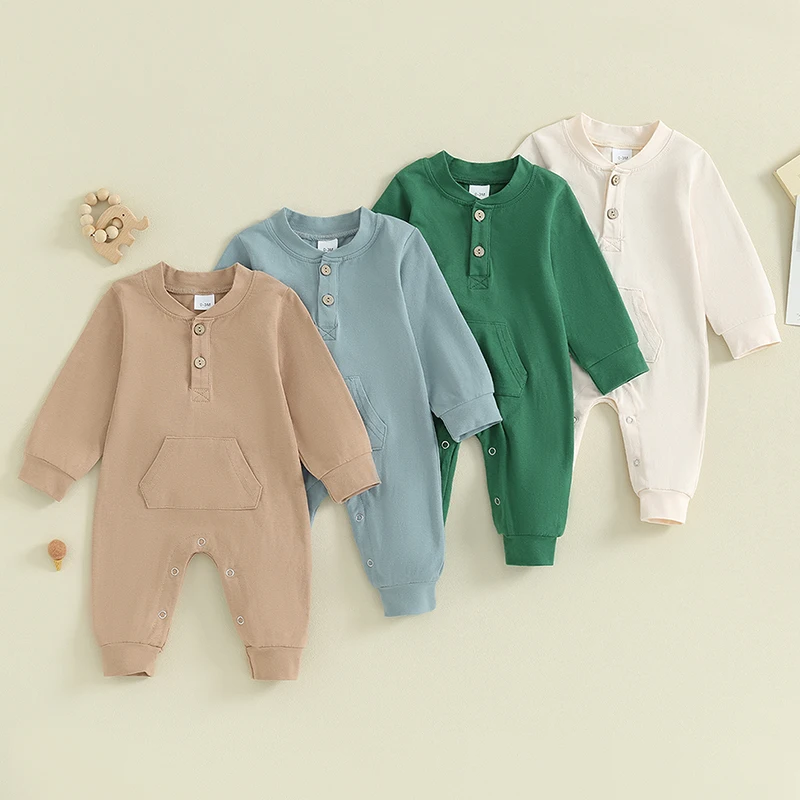 

2023-10-07 Lioraitiin 0-18M Newborn Baby Boy Girl Romper Long Sleeve Button Pocket Jumpsuit Solid Color Outfits