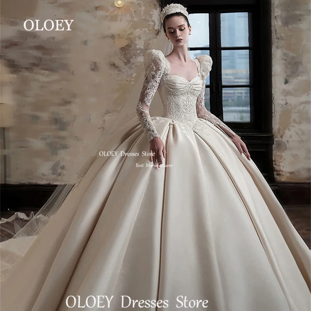 OLOEY-vestido de novia de satén Vintage, vestido de baile de princesa de manga larga con encaje de corazón, longitud hasta el suelo, corsé, espalda personalizada