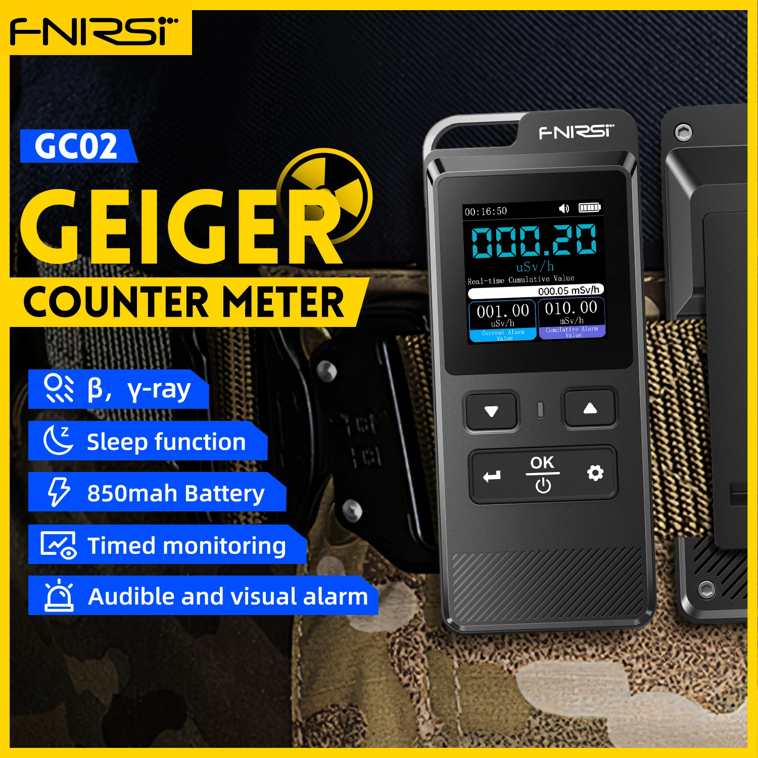 FNIRSI GC-02 Geiger Counter Nuclear Radiation Detector X-ray γ-ray β-ray Radioactivity Detector Personal Dosimeter Rechargeable