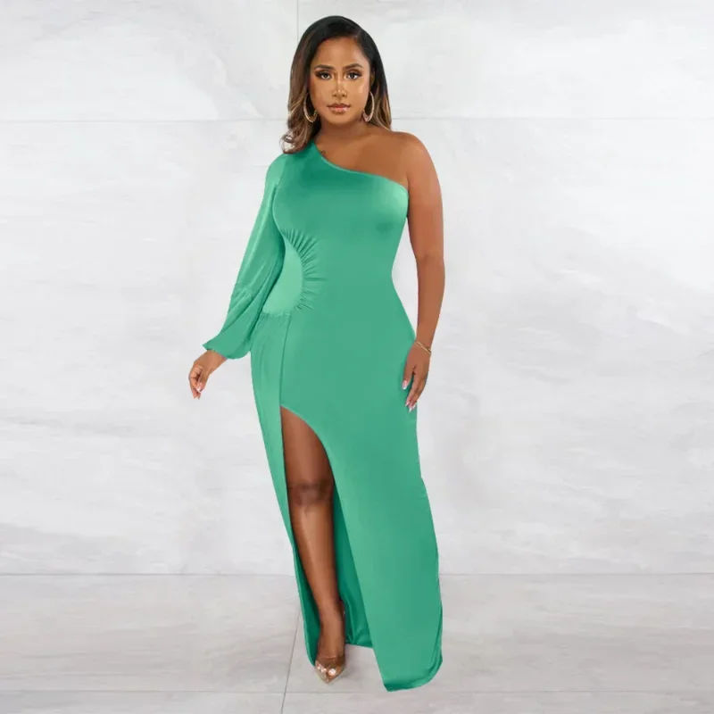 KEXU-Vestido largo ajustado de manga larga con cuello oblicuo, vestido Sexy con abertura lateral alta para fiesta nocturna, ropa de discoteca, vestidos largos para mujer