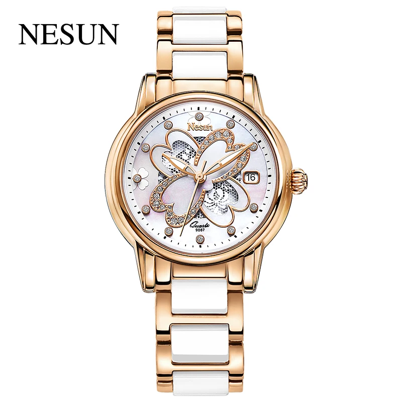 NESUN Official Women Fashion Casual Japan Miyota Quartz Movement Wristwatches Ceramic Band 100M  Waterproof  Four Leaf Clover