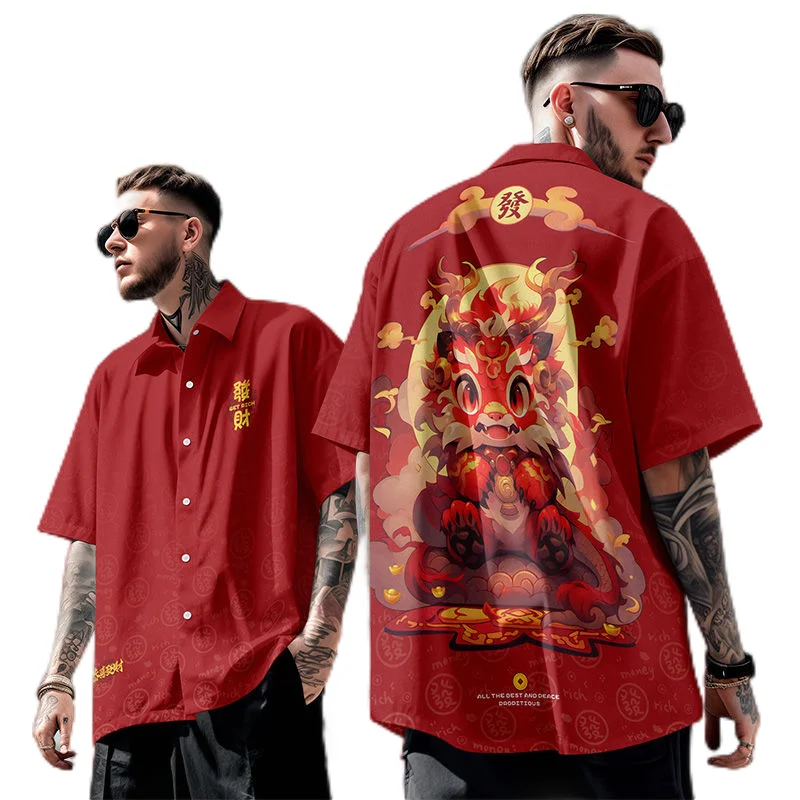 

Ethnic Chinese Dragon Year 3D Print Blouses Funny Design Gifts Short Sleeve China Loong Graphic Lapel Blouse Boy Shirts Y2k Tops
