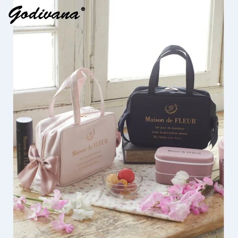 Japanese Style New Cute Cooling Bag Insulated Bag Women\'s Cute Sweet Bow Handbag Pink Plaid Lunch Bags