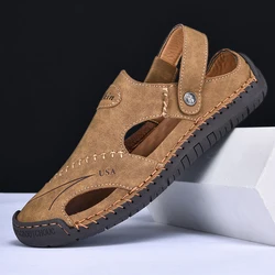 New Handmade Summer Sandals Men Breathable Leather Shoes Man Outdoor Men Sandals Antiskid Beach Sandals Hollow Shoes Footwear