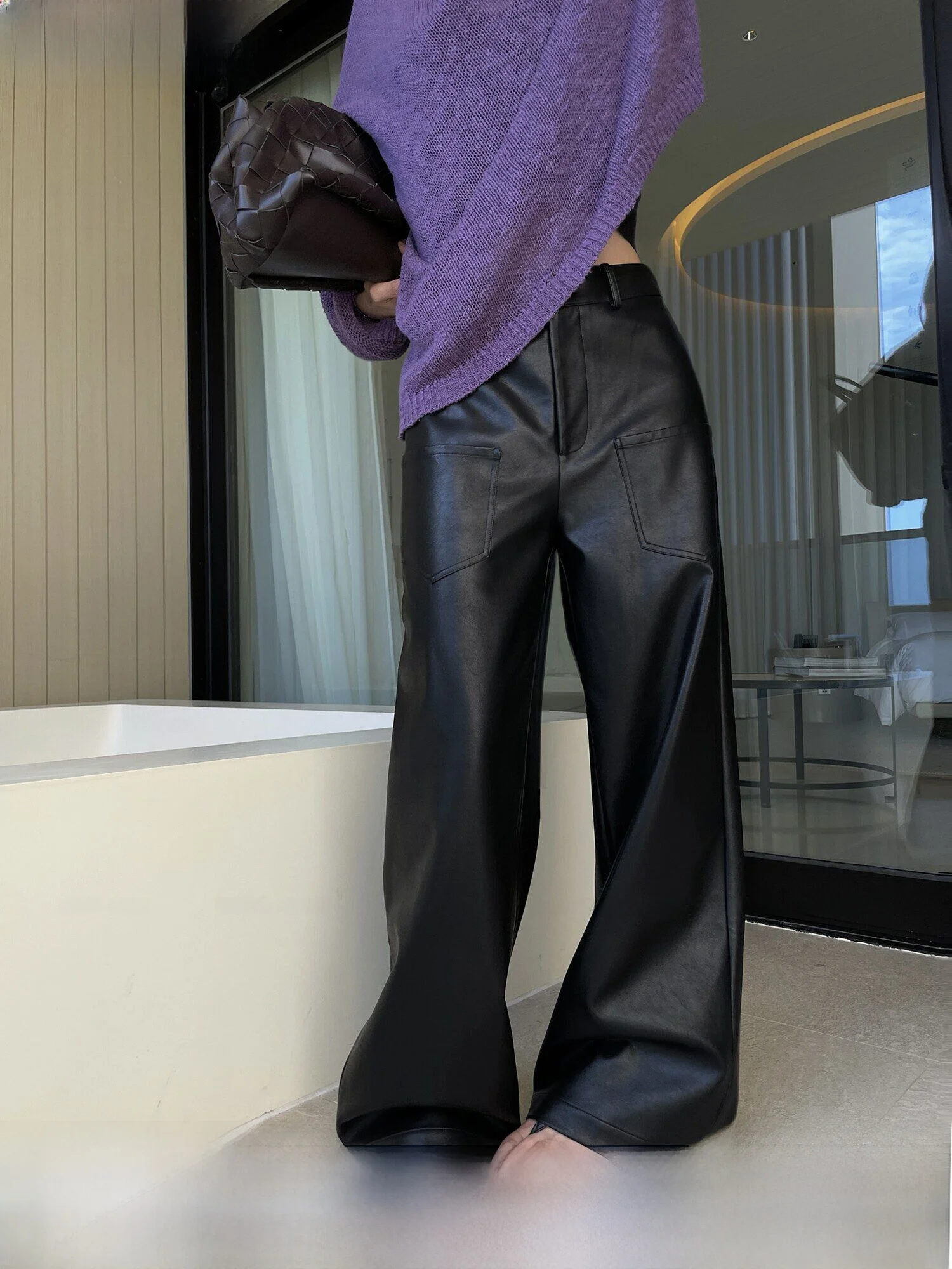 

JCCC Shadow Minimalist Versatile Eco-friendly Water-based PU Leather Straight Leg Wide Leg Casual Pants JE5MSK10