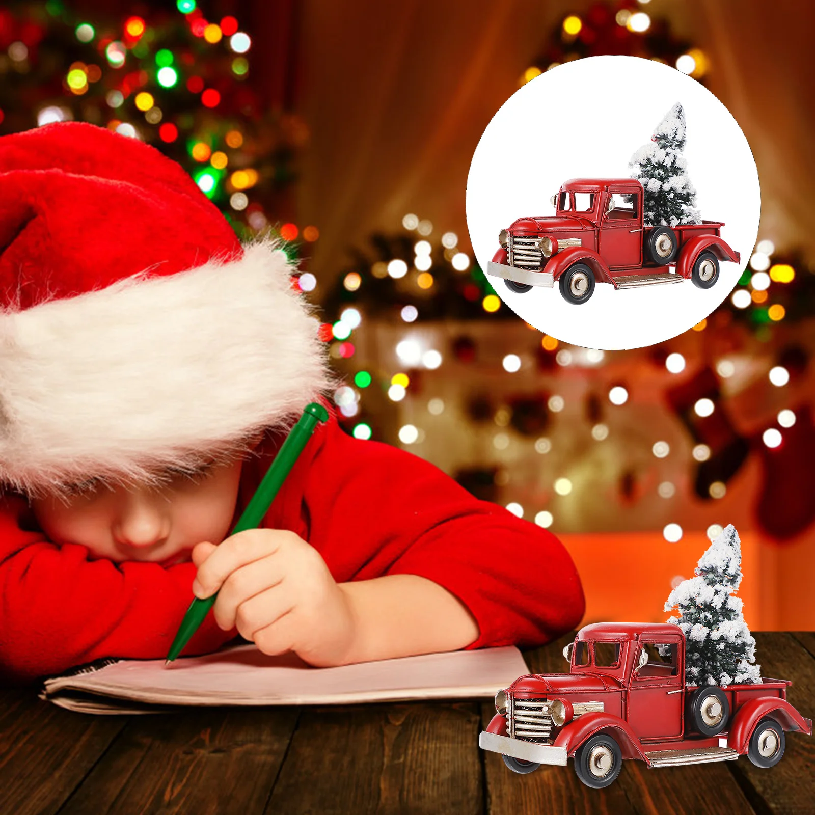 

Retro Decor Truck Model Novel Christmas Gift Vintage with Tree Ornament Miniature Car for Desktop Holiday Red