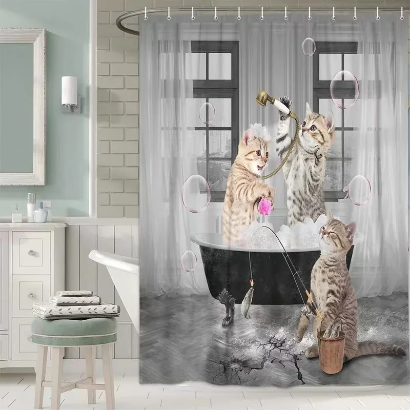 Funny Cat Shower Curtain Fun Animal in Bathtub with Fish Cloth Fabric Shower Curtain Hilarious Pet Bathroom Decor Set with Hooks