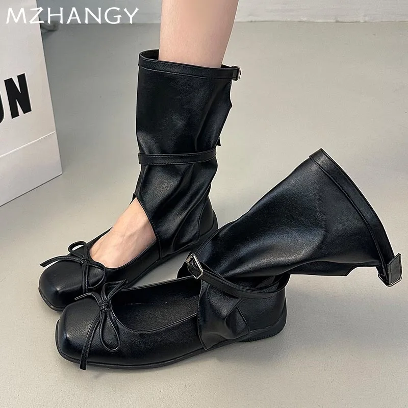 

Женские сандалии до середины икры с бантом, ботинки на плоской подошве, дизайнерская обувь, кожаные летние модные ботинки челси 2024, новые готические прогулочные ботинки Mujer