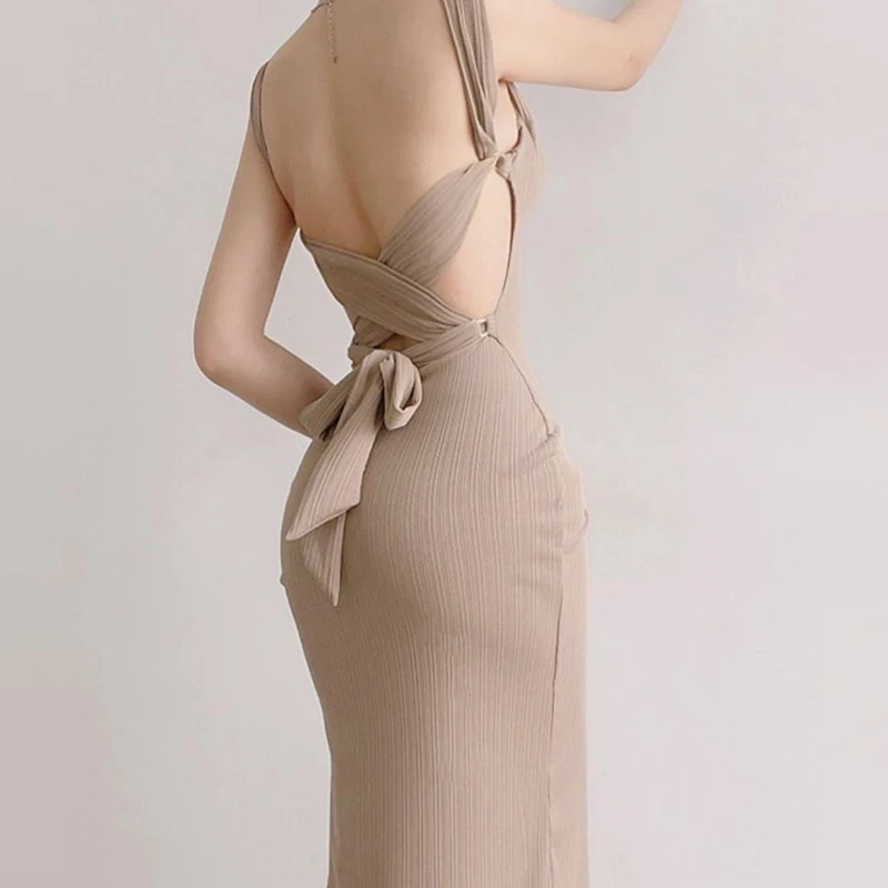 Sexy Backless Hollow Out Strap Dress Women Y2K Korean Slim Lace Up Midi Dress Female Elegant Party Night Prom Camis Dress New