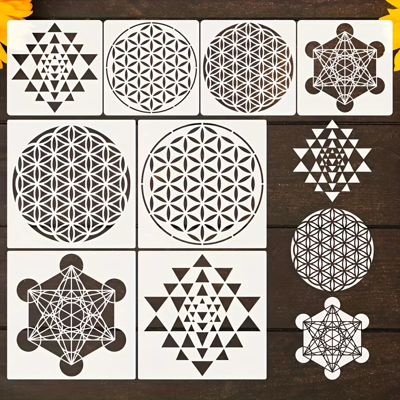 Conjunto de estêncil de geometria sagrada, 8 peças, 8 polegadas + 5.9 polegadas, padrões de flor da vida e metatron, modelo de pintura diy reutilizável para parede, móveis