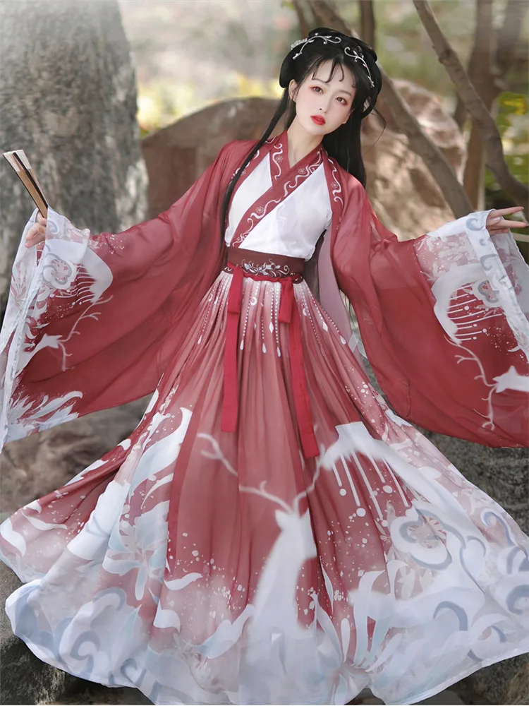 Vestido de dança tradicional chinesa hanfu para mulheres, fantasia feminina de cosplay, hanfu, azul vermelho, 3 peças por conjunto