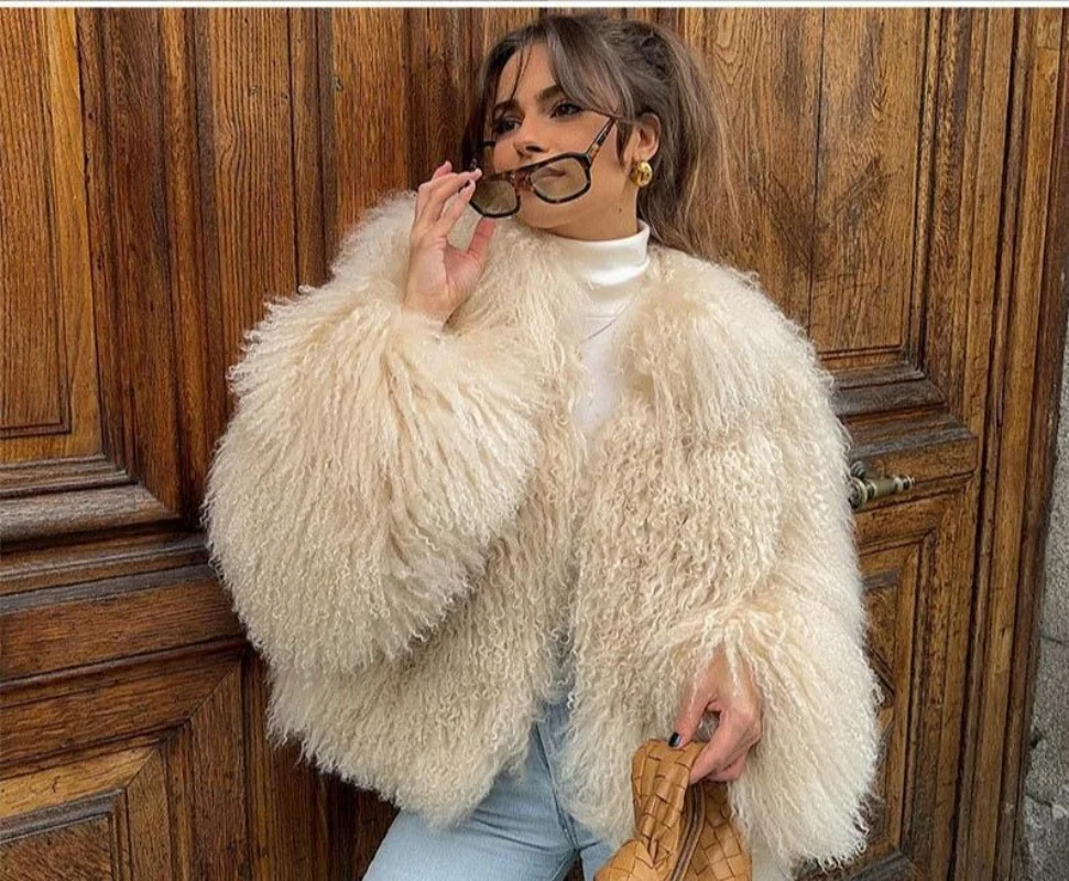 

Женское укороченное пальто из искусственного меха, элегантная свободная теплая куртка без воротника с длинными рукавами, зима 2024, женская модная повседневная уличная верхняя одежда