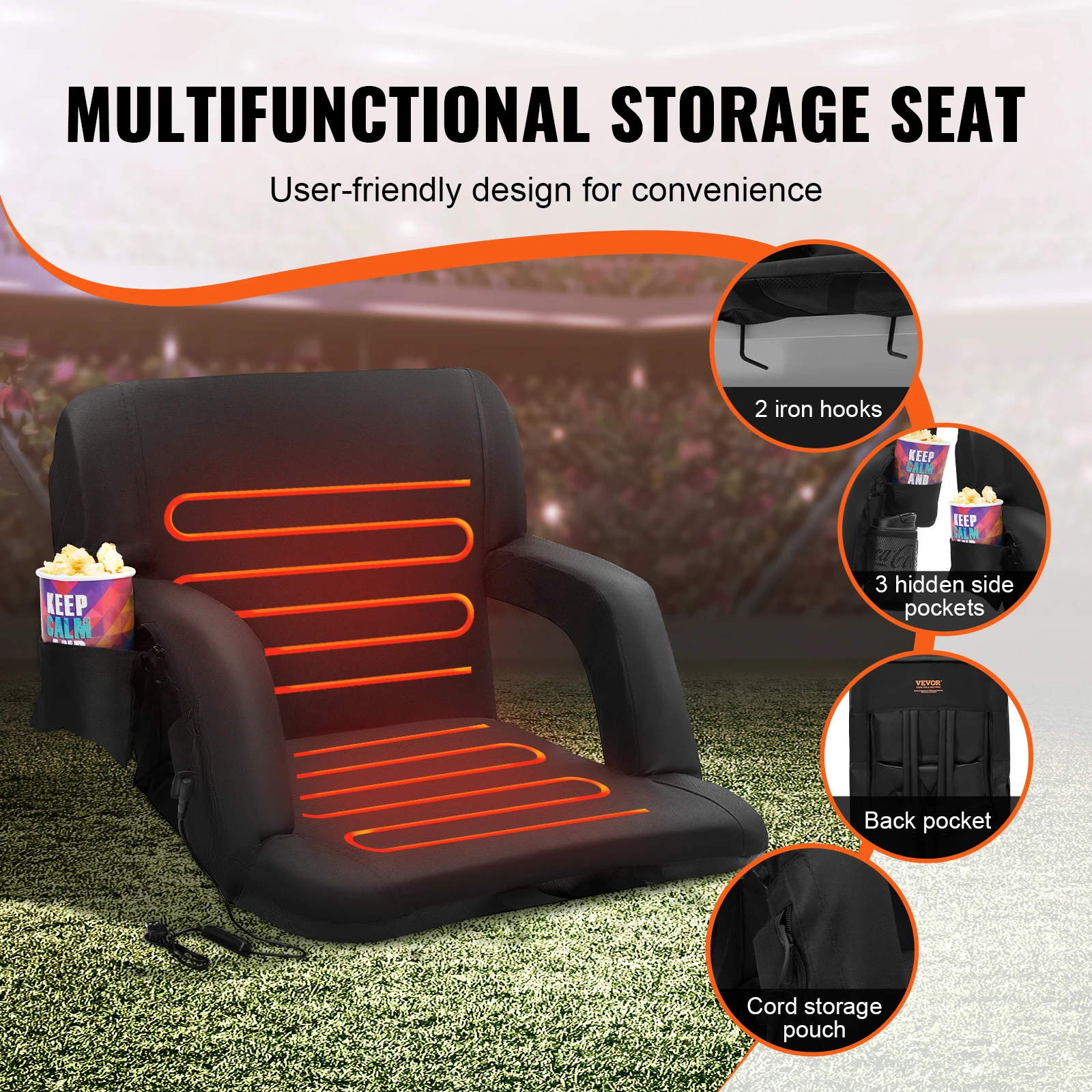 VEVOR Double Heated Stadium Seat with Back Support 3 Level Heating Wide Bleacher Seat Folding Portable Padded Reclining Chair